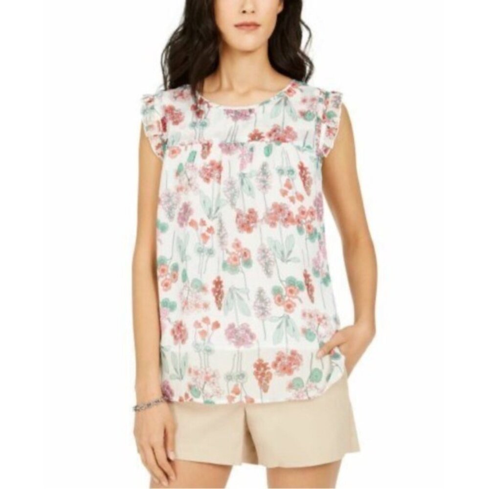 Tommy Hilfiger white floral sheer ruffle sleeve blouse M